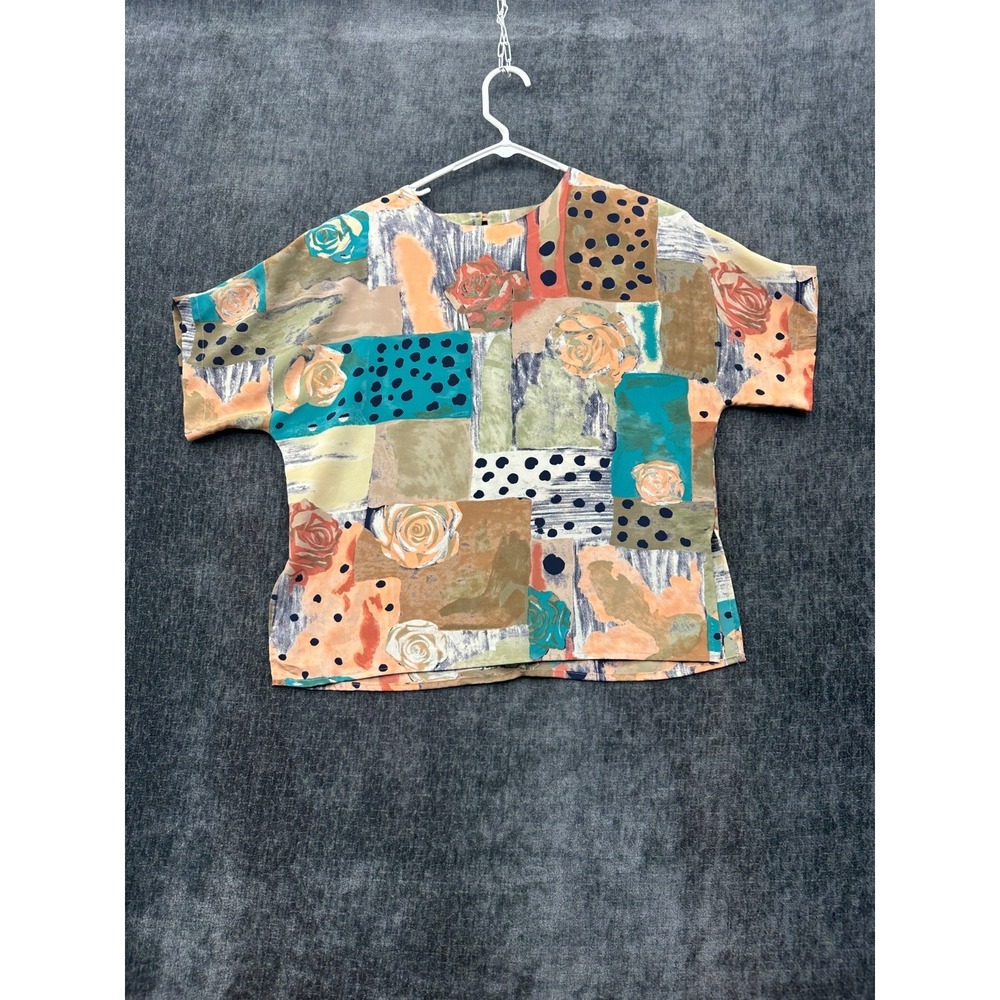 Che Studio Blouse Top Womens Large Multicolor Side Slit Short Sleeve Round‎ Neck